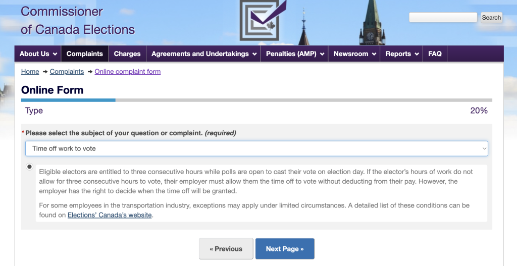 An image of the online complaint form with the heading: Commissioner of Canada Elections - Online Form, with a progress bar set at 20%. It displays the question: "Please select the subject of your question or complaint (required)" The selected option from the drop-down menu diplays: "Time off work to vote"